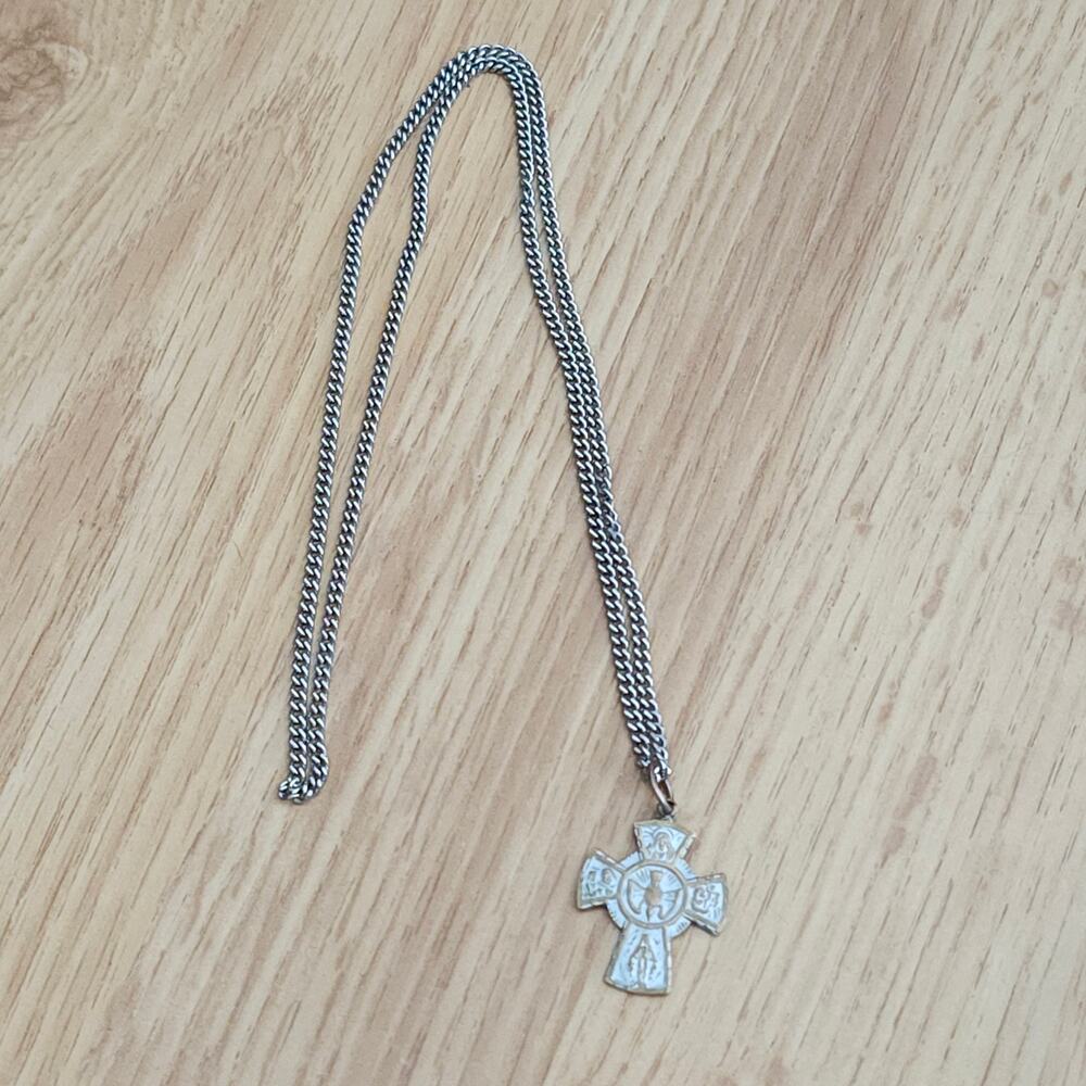 Vintage Catholic 4 Way Cross Necklace Emergency “Call a Priest” Pendant Chain